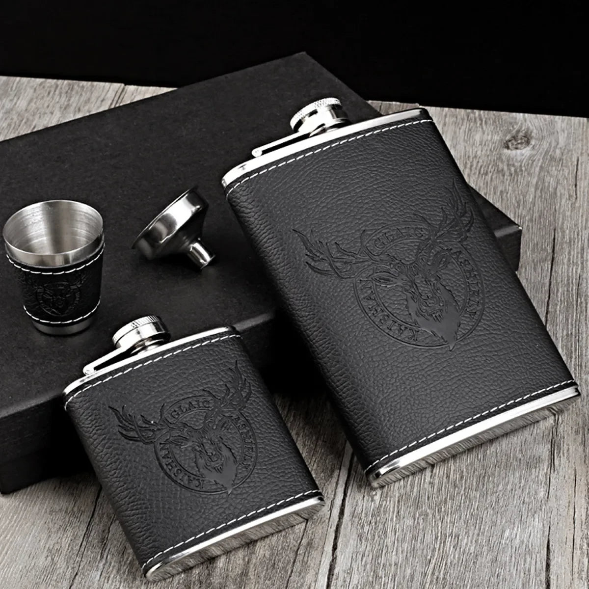 8oz Leather-Wrapped Stainless Steel Hip Flask – Alcohol Gift Pack Assorted