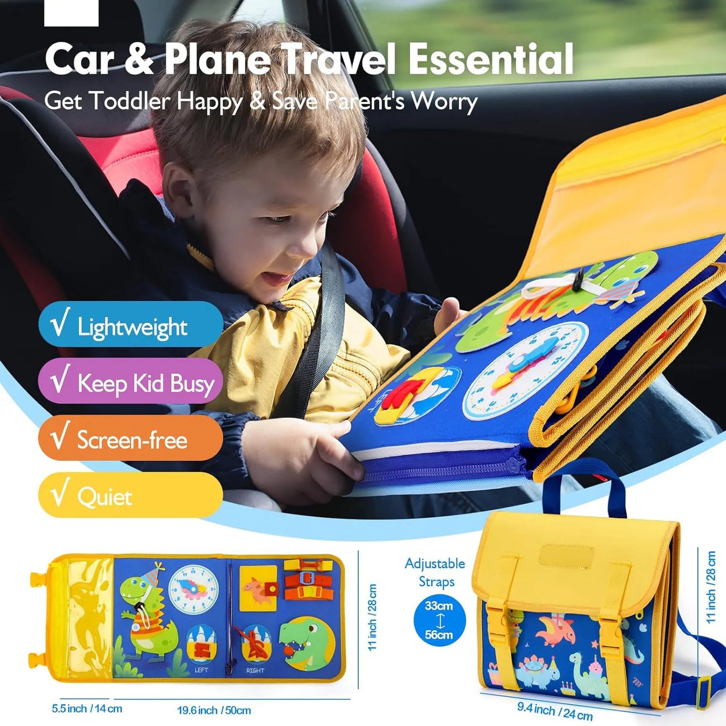 Montessori Toddler Busy Book – Dinosaur Theme Sensory Life Skill Backpack