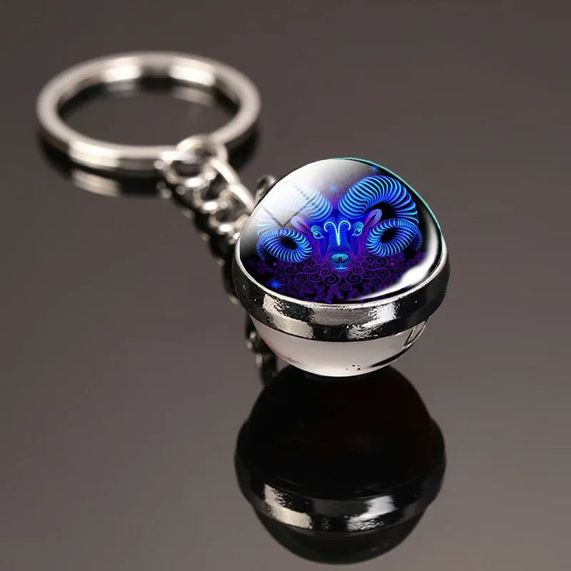 Creative 12 Constellation Key Ring – Double-Sided Time Stone Glass Ball Keychain
