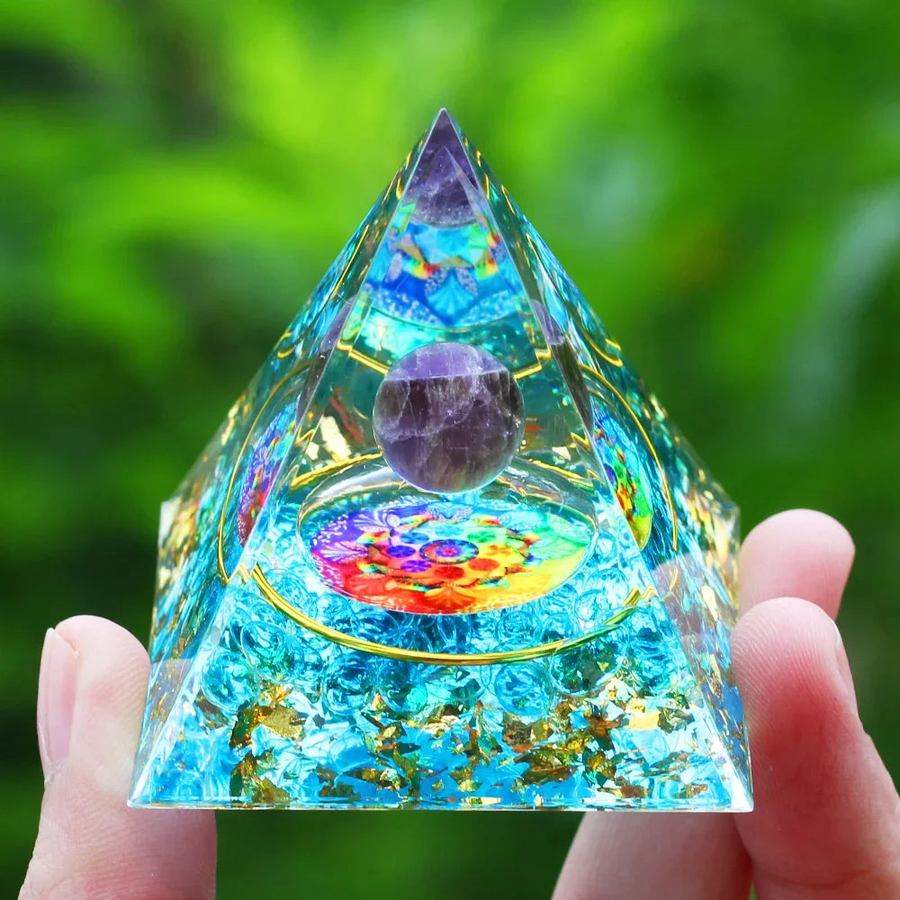 Energy Pyramid with Amethyst Ball – Orgonite Reiki Chakra Healing Crystal Craft