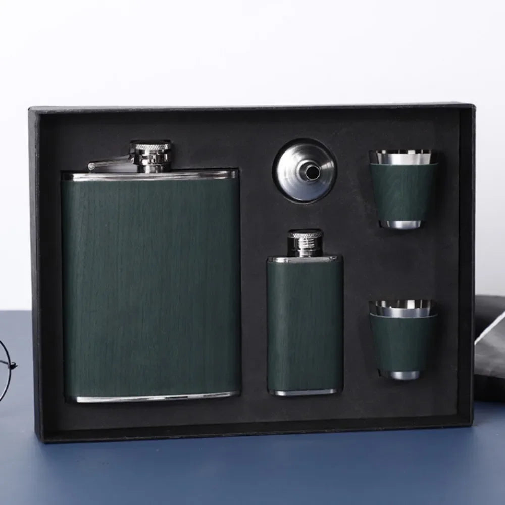 8oz Leather-Wrapped Stainless Steel Hip Flask – Alcohol Gift Pack Assorted