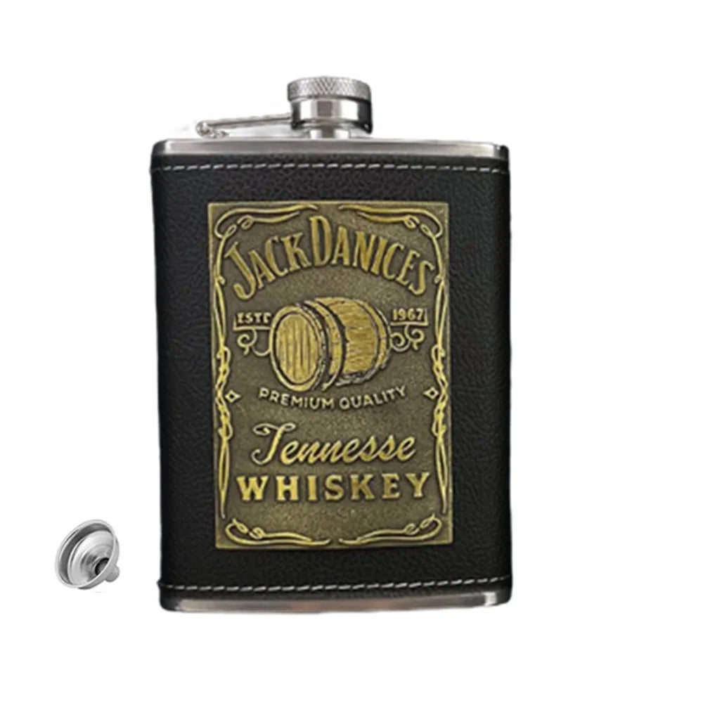 8oz Leather-Wrapped Stainless Steel Hip Flask – Whiskey & Wine Bottle Gift Set ASSORTED