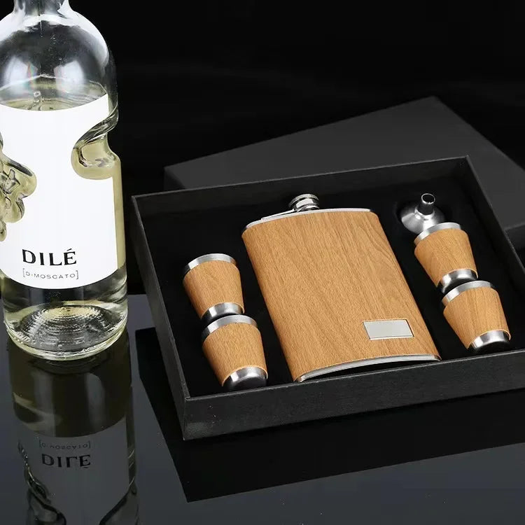 8oz Leather-Wrapped Stainless Steel Hip Flask – Alcohol Gift Pack Assorted