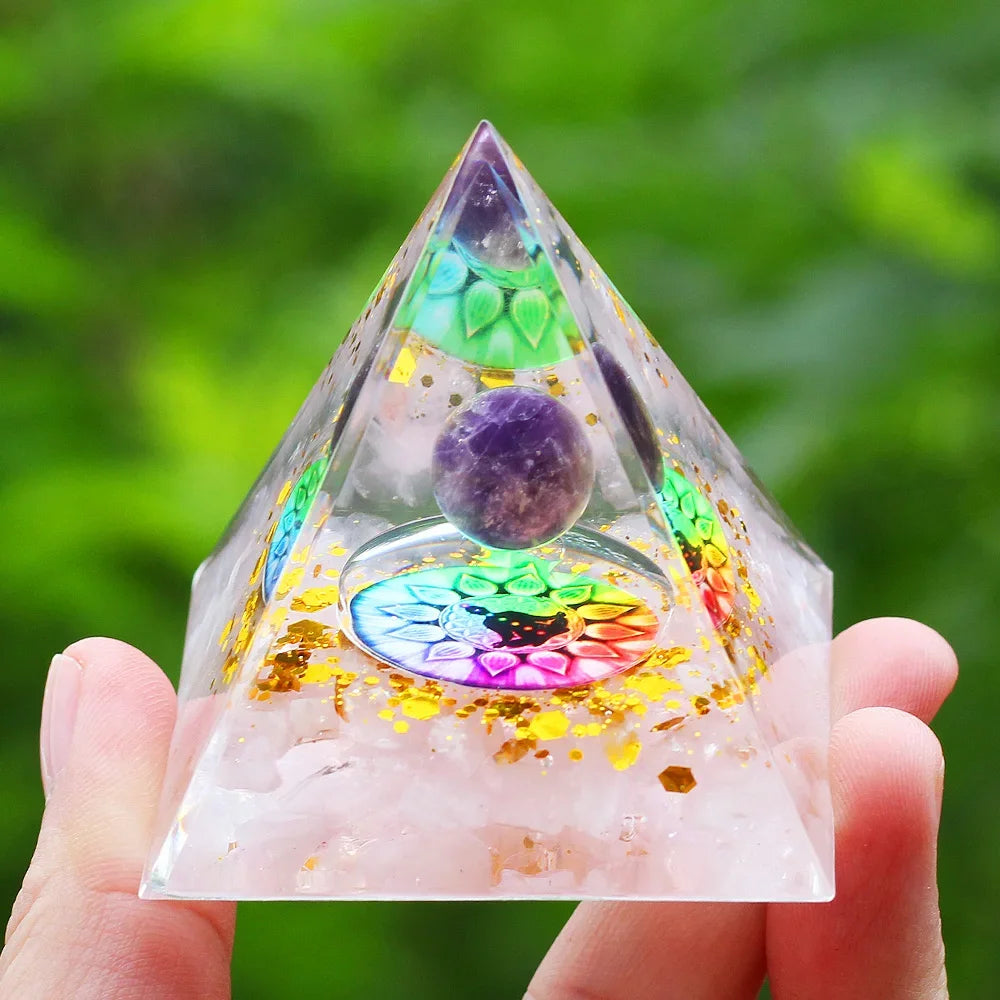 Energy Pyramid with Amethyst Ball – Orgonite Reiki Chakra Healing Crystal Craft