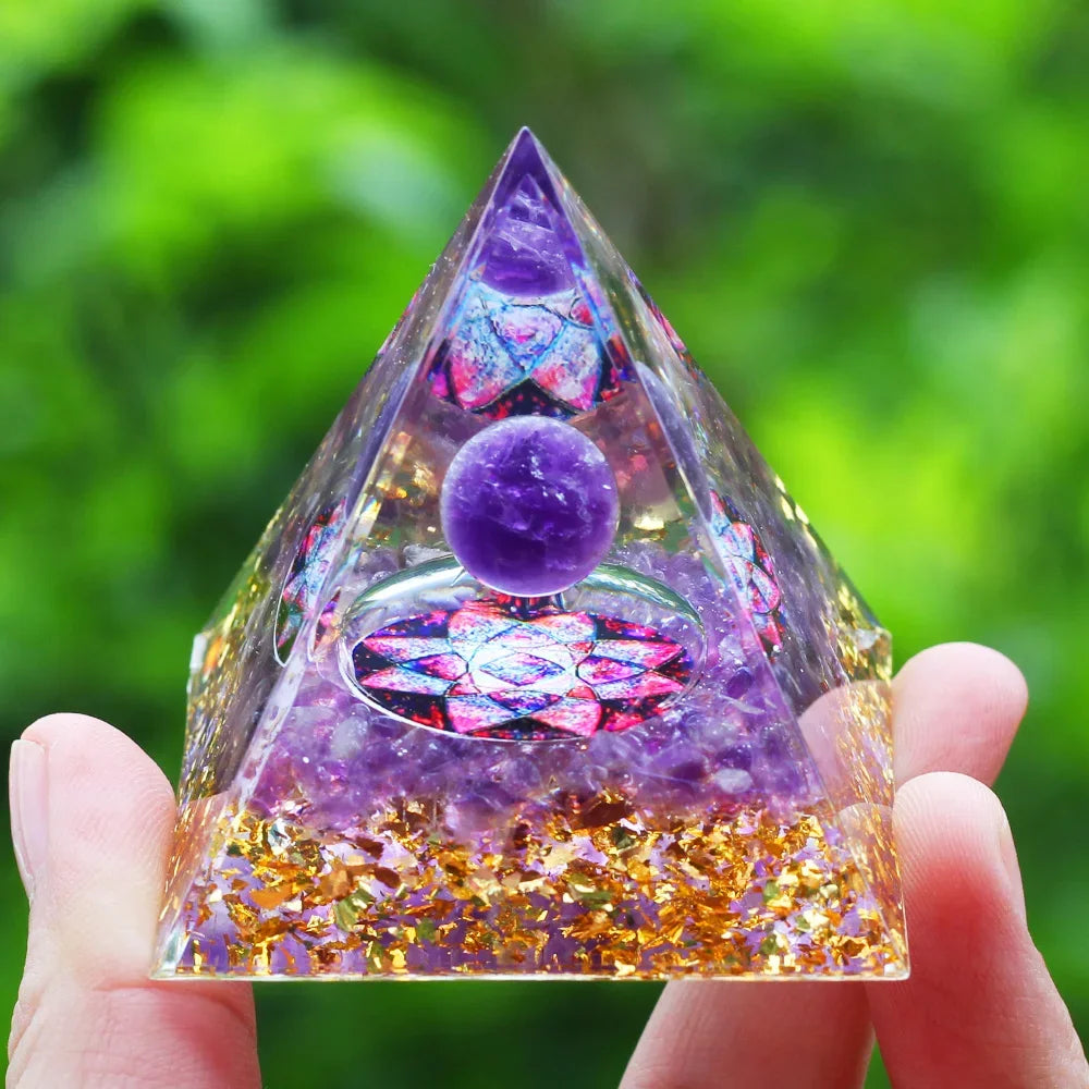 Energy Pyramid with Amethyst Ball – Orgonite Reiki Chakra Healing Crystal Craft