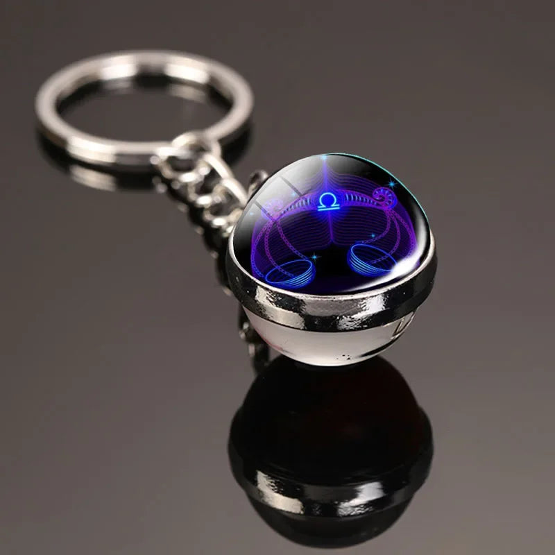 Creative 12 Constellation Key Ring – Double-Sided Time Stone Glass Ball Keychain