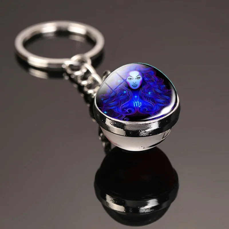 Creative 12 Constellation Key Ring – Double-Sided Time Stone Glass Ball Keychain