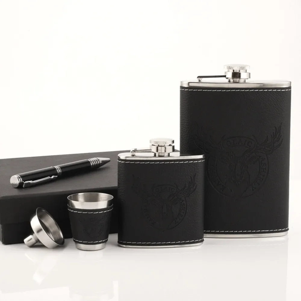 8oz Leather-Wrapped Stainless Steel Hip Flask – Alcohol Gift Pack Assorted