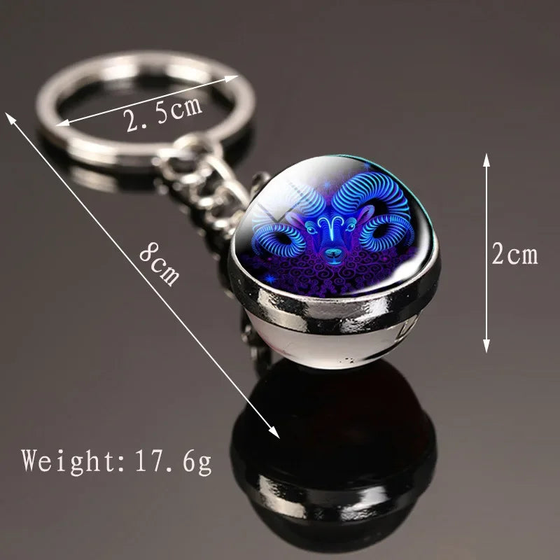 Creative 12 Constellation Key Ring – Double-Sided Time Stone Glass Ball Keychain