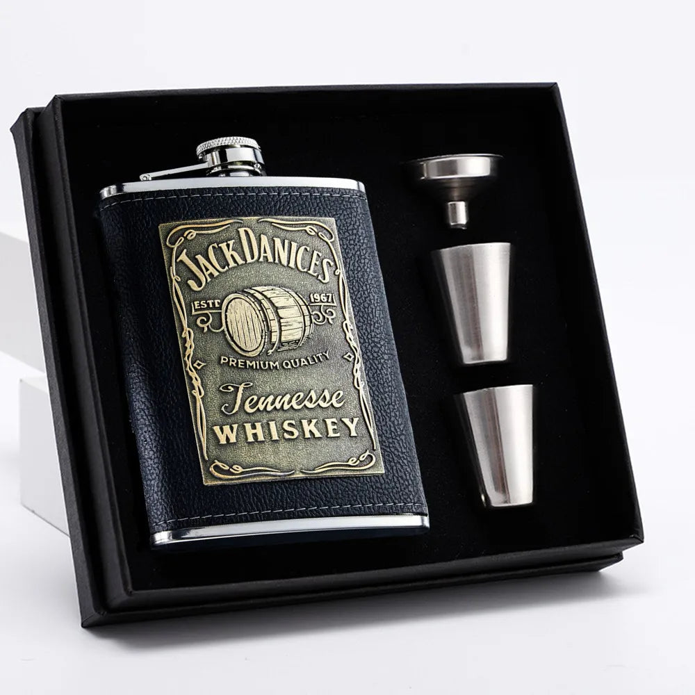 8oz Leather-Wrapped Stainless Steel Hip Flask – Whiskey & Wine Bottle Gift Set ASSORTED