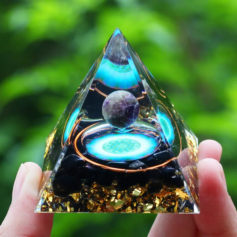 Energy Pyramid with Amethyst Ball – Orgonite Reiki Chakra Healing Crystal Craft