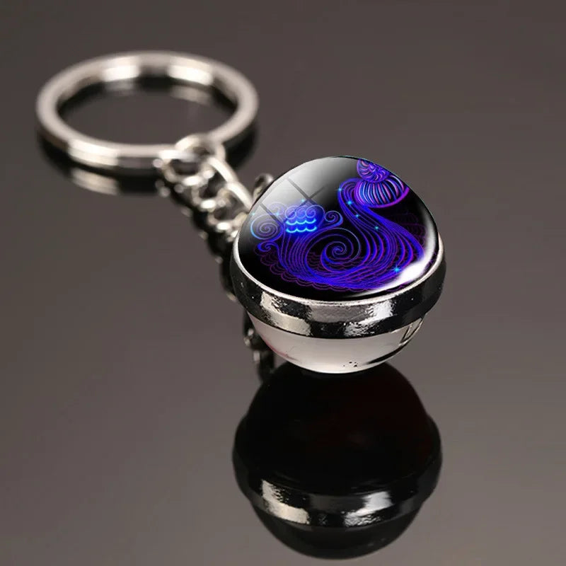 Creative 12 Constellation Key Ring – Double-Sided Time Stone Glass Ball Keychain
