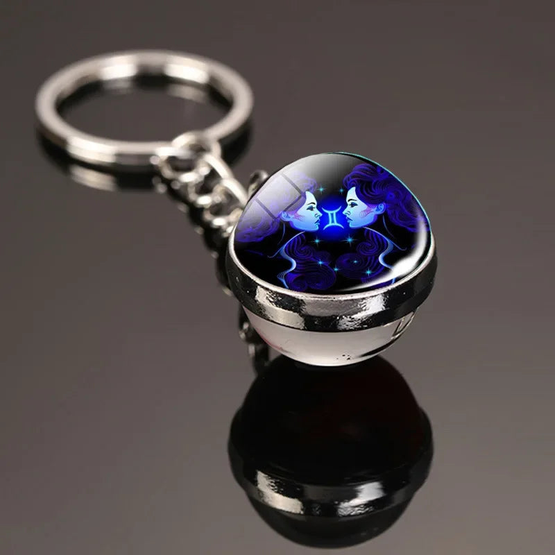 Creative 12 Constellation Key Ring – Double-Sided Time Stone Glass Ball Keychain