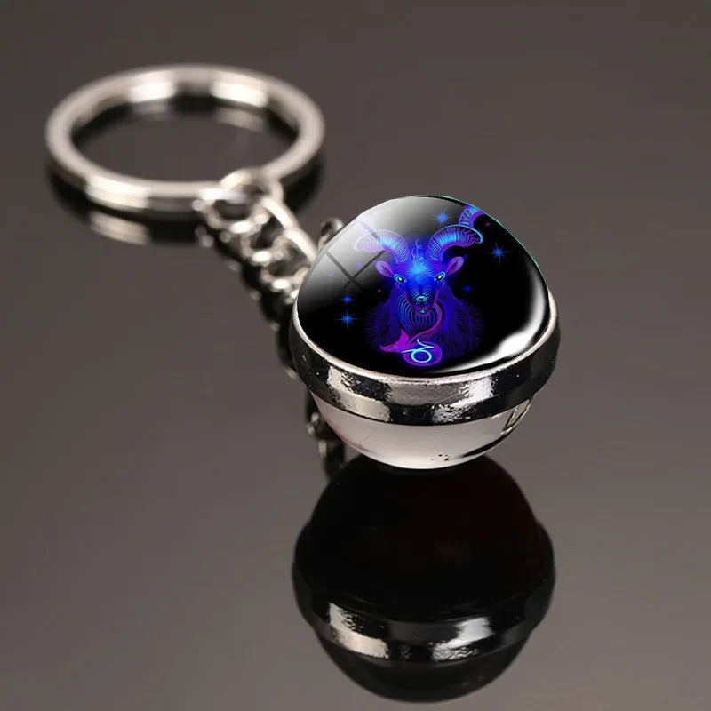 Creative 12 Constellation Key Ring – Double-Sided Time Stone Glass Ball Keychain