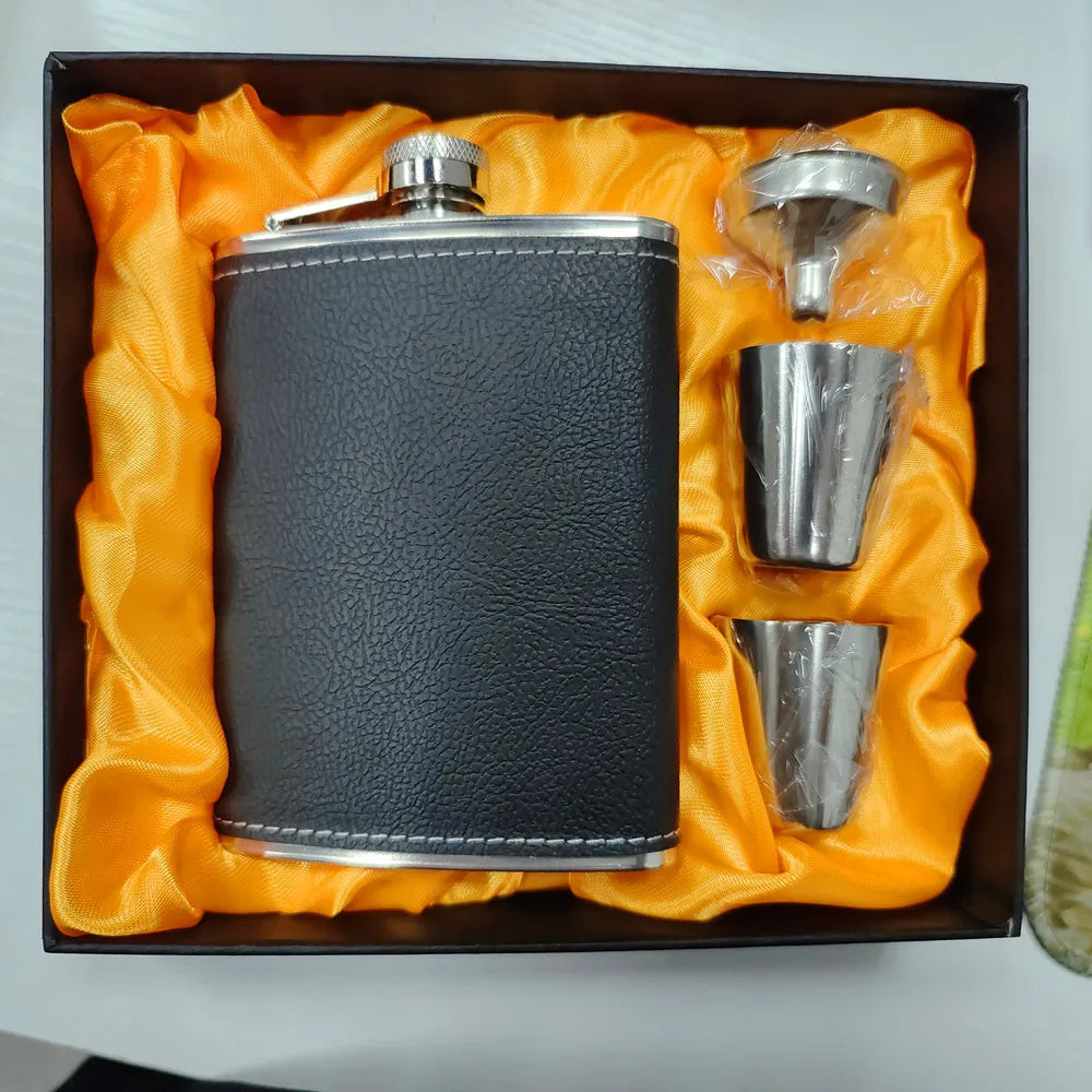 8oz Leather-Wrapped Stainless Steel Hip Flask – Whiskey & Wine Bottle Gift Set ASSORTED