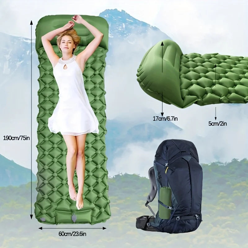 Ultralight Inflatable Camping Mattress with Built-In Pillow and Pump
