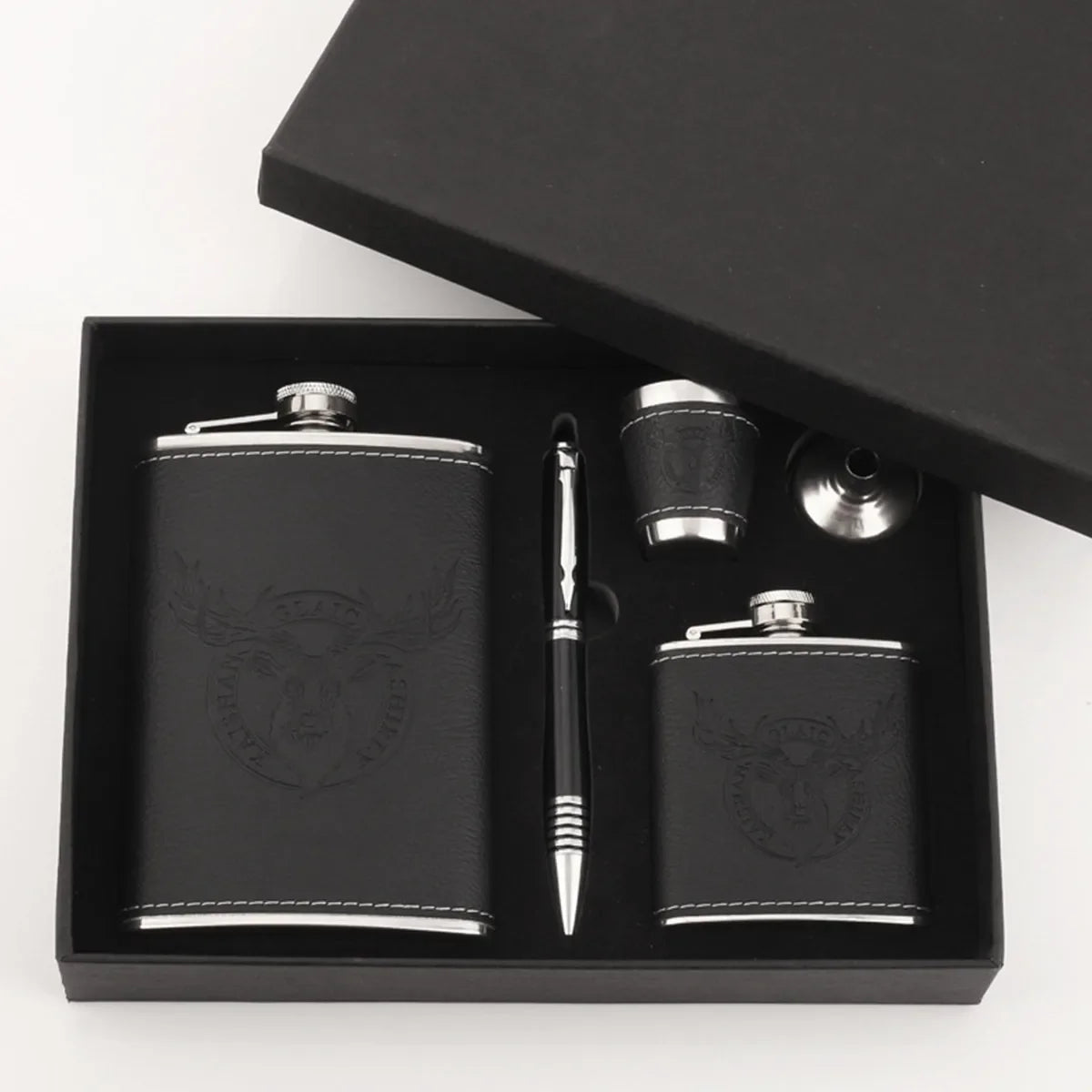 8oz Leather-Wrapped Stainless Steel Hip Flask – Alcohol Gift Pack Assorted