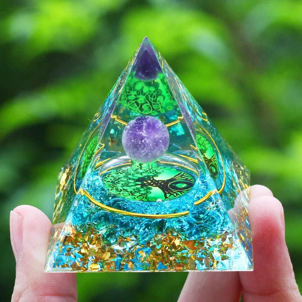 Energy Pyramid with Amethyst Ball – Orgonite Reiki Chakra Healing Crystal Craft
