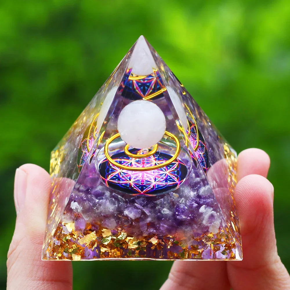 Energy Pyramid with Amethyst Ball – Orgonite Reiki Chakra Healing Crystal Craft