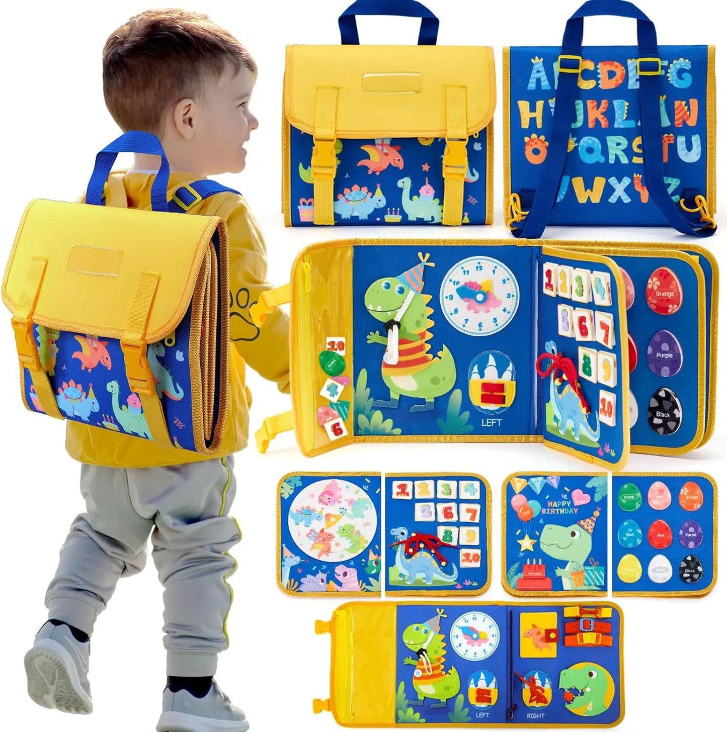 Montessori Toddler Busy Book – Dinosaur Theme Sensory Life Skill Backpack