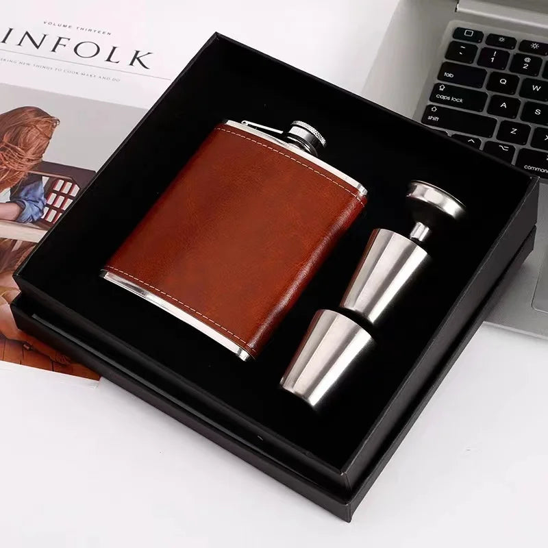 8oz Leather-Wrapped Stainless Steel Hip Flask – Whiskey & Wine Bottle Gift Set ASSORTED