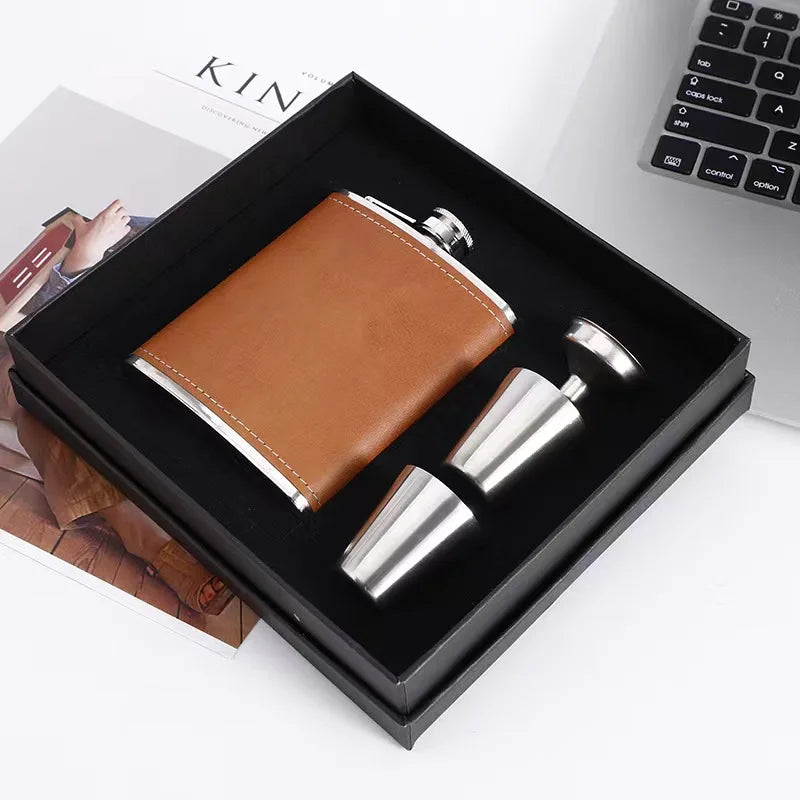 8oz Leather-Wrapped Stainless Steel Hip Flask – Whiskey & Wine Bottle Gift Set ASSORTED