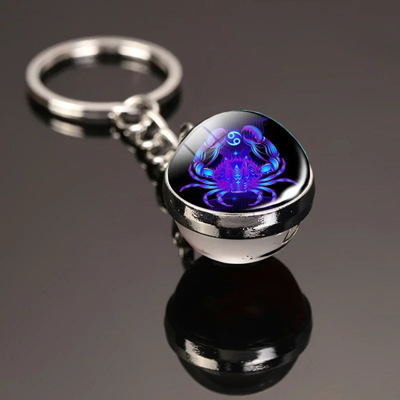 Creative 12 Constellation Key Ring – Double-Sided Time Stone Glass Ball Keychain