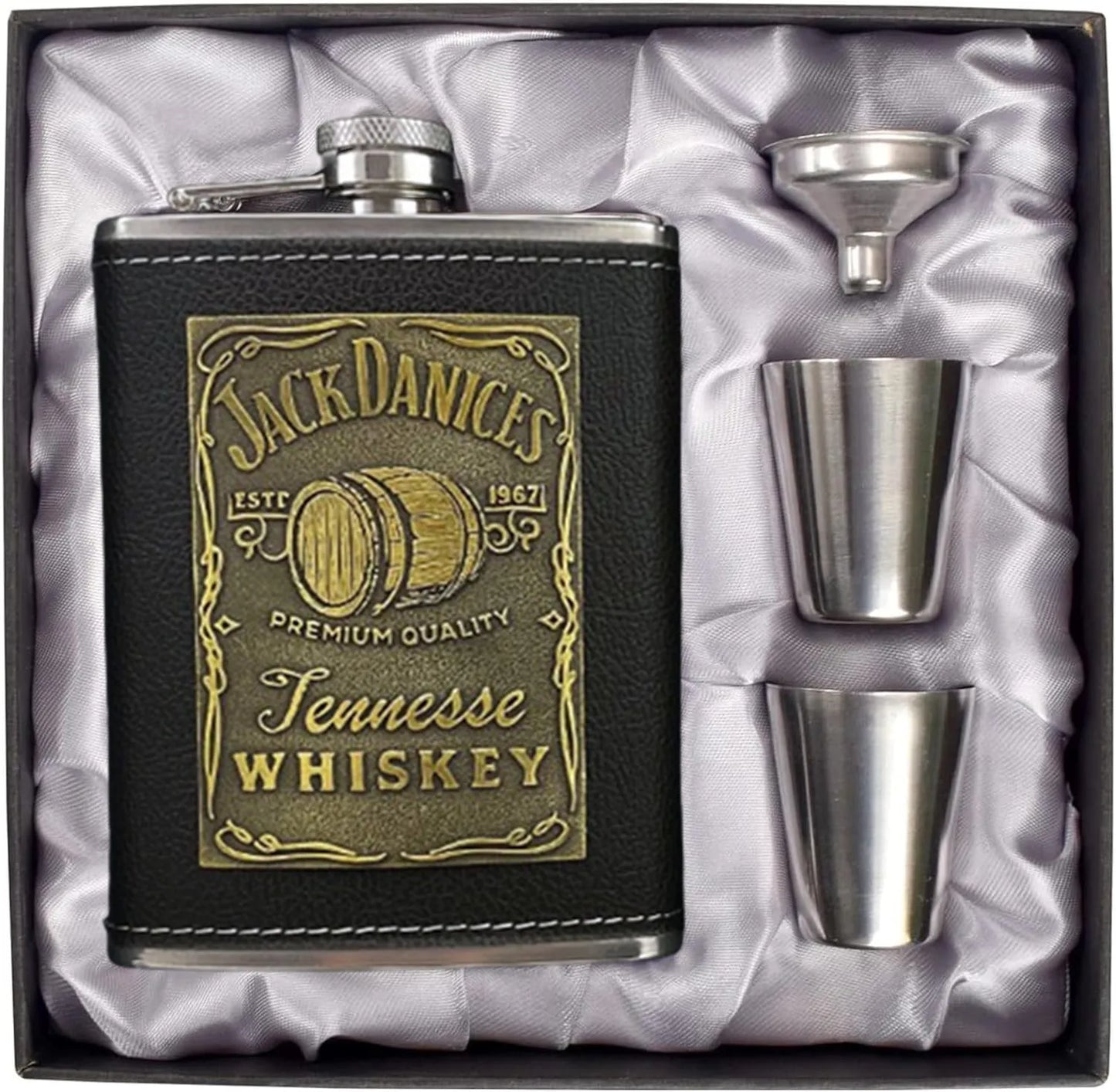 8oz Leather-Wrapped Stainless Steel Hip Flask – Alcohol Gift Pack Assorted