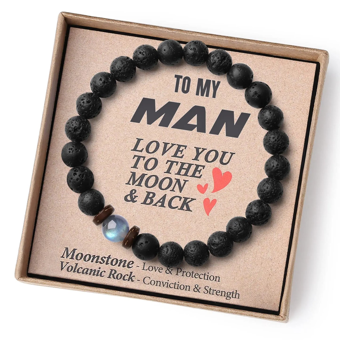 Volcanic Rock and Moonstone Beaded Bracelet – Unique Strength Bracelet for Men