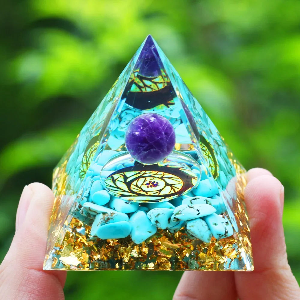 Energy Pyramid with Amethyst Ball – Orgonite Reiki Chakra Healing Crystal Craft