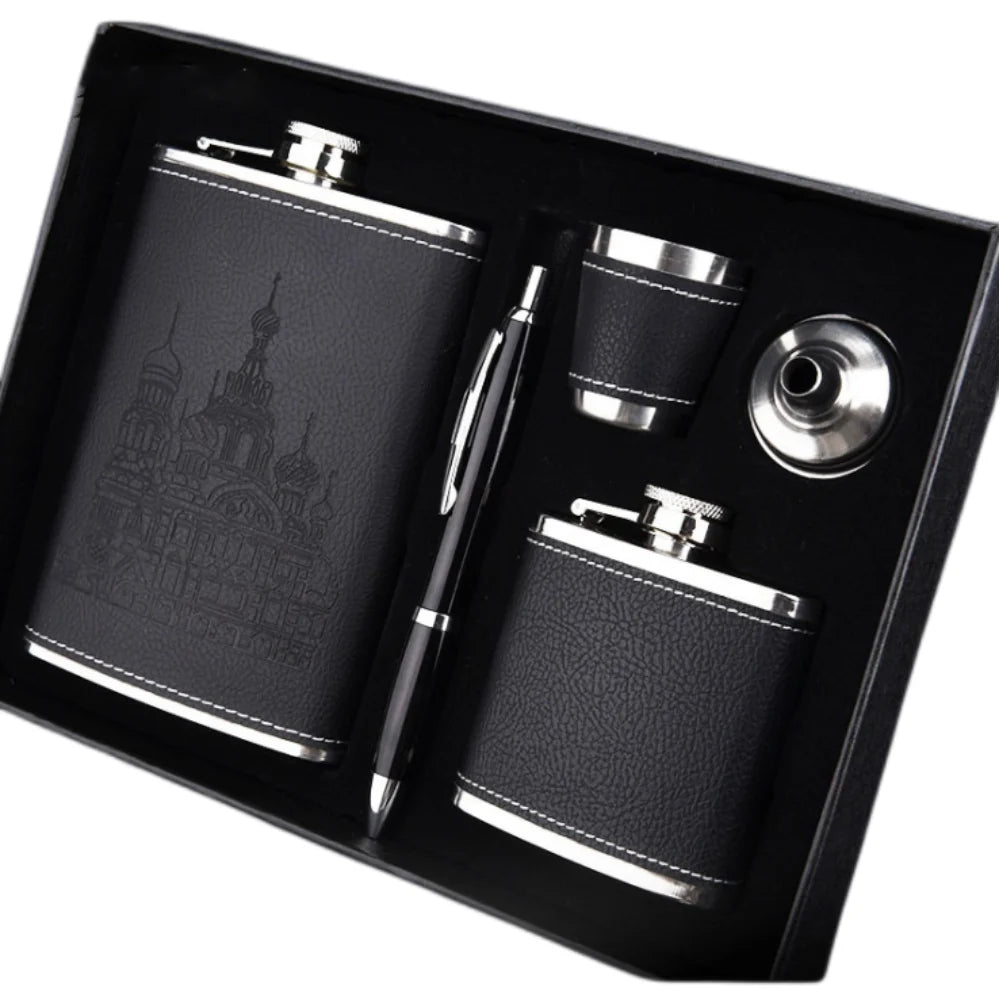 8oz Leather-Wrapped Stainless Steel Hip Flask – Alcohol Gift Pack Assorted