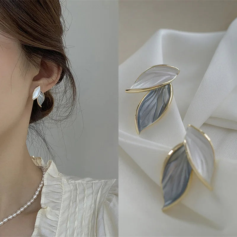 Grey Leaf Stud Earrings