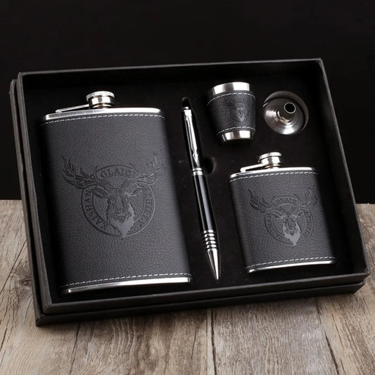 8oz Leather-Wrapped Stainless Steel Hip Flask – Alcohol Gift Pack Assorted
