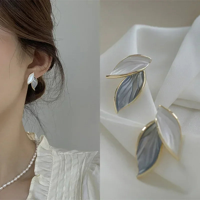 Grey Leaf Stud Earrings