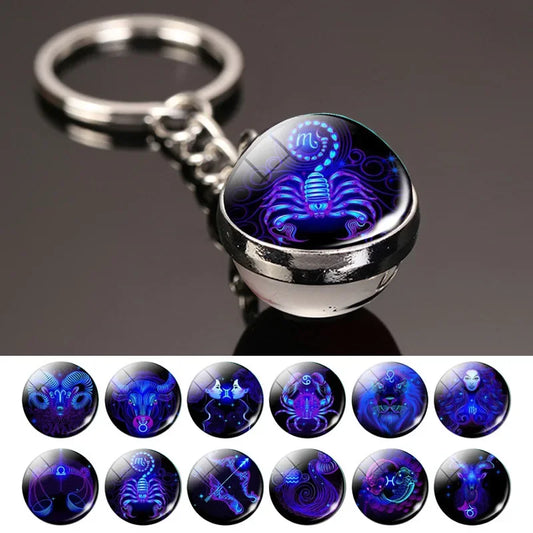 Creative 12 Constellation Key Ring – Double-Sided Time Stone Glass Ball Keychain