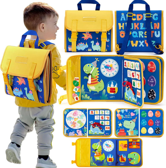 Montessori Toddler Busy Book – Dinosaur Theme Sensory Life Skill Backpack
