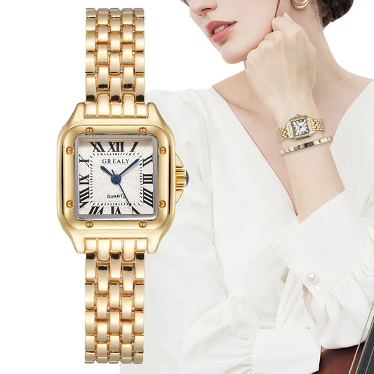 Women's Fashion Square Watch – Gold Alloy Strap Luxury Quartz Wristwatch