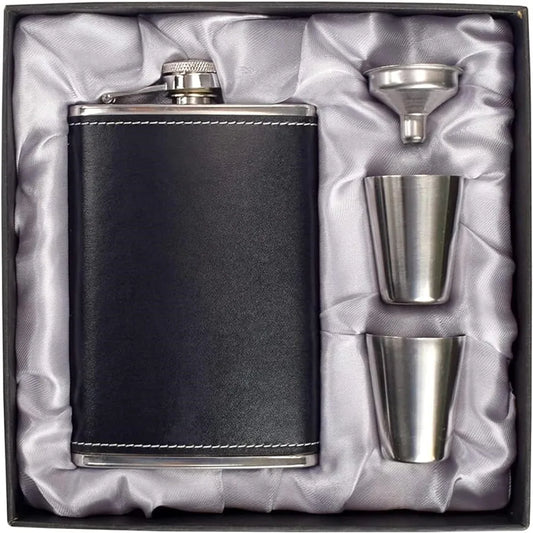 8oz Leather-Wrapped Stainless Steel Hip Flask – Whiskey & Wine Bottle Gift Set ASSORTED